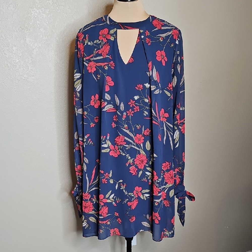 Chelsea & Violet Navy and Red Floral Long Sleeve‎ Dress Large Tie Cuffs - Picture 2 of 9